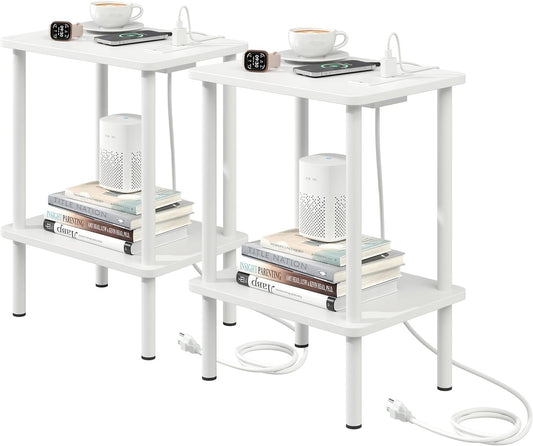 Apicizon 2 Tier End Table Set of 2, Small Side Table with Charging Station, Boho Bedside Table with USB Ports and Outlets, Nightstand for Small Spaces, Bedroom, Living Room, Easy Assembly, White