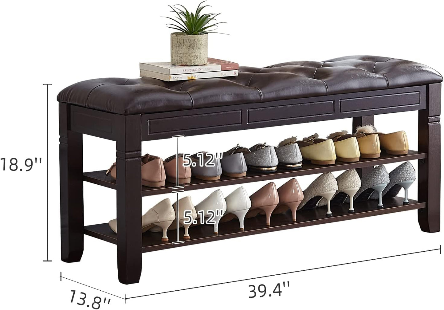 Shoe Storage Bench, Entryway Shoe Rack with Fiberleather Seat 2-Tier Lift Top Organizer Wooden Shoe Bench for Entryway Hallway Living Room (Dark Brown 39.4x13.8x18.9'')