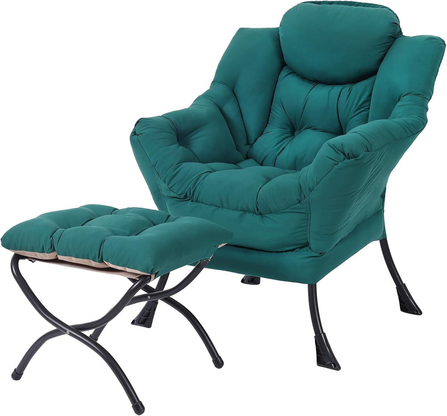Lazy Chair with Folding Ottoman, Modern Accent Lounge Armchair with Armrests and a Side Pocket & Foldable Footstool, Leisure Reading Chair for Living Room, Bedroom, Dorm & Office, Dark Green