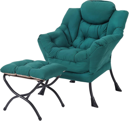 Lazy Chair with Folding Ottoman, Modern Accent Lounge Armchair with Armrests and a Side Pocket & Foldable Footstool, Leisure Reading Chair for Living Room, Bedroom, Dorm & Office, Dark Green
