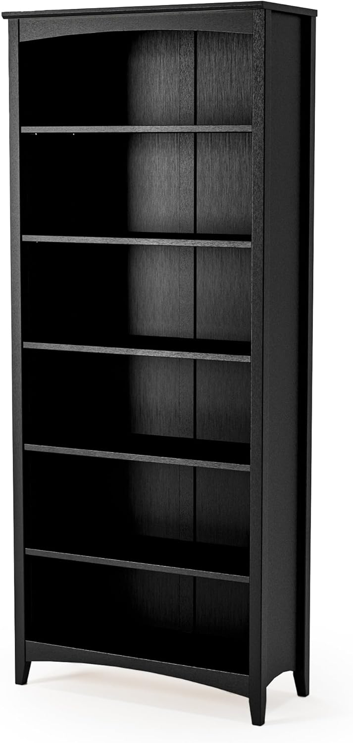 Camaflexi Shaker Style 6 Shelf Bookcase/Solid Wood / 72 inch Tall/Adjustable Shelving/Closed Back/Display Bookshelf for Living Room, Bedroom, Home and Office, Black