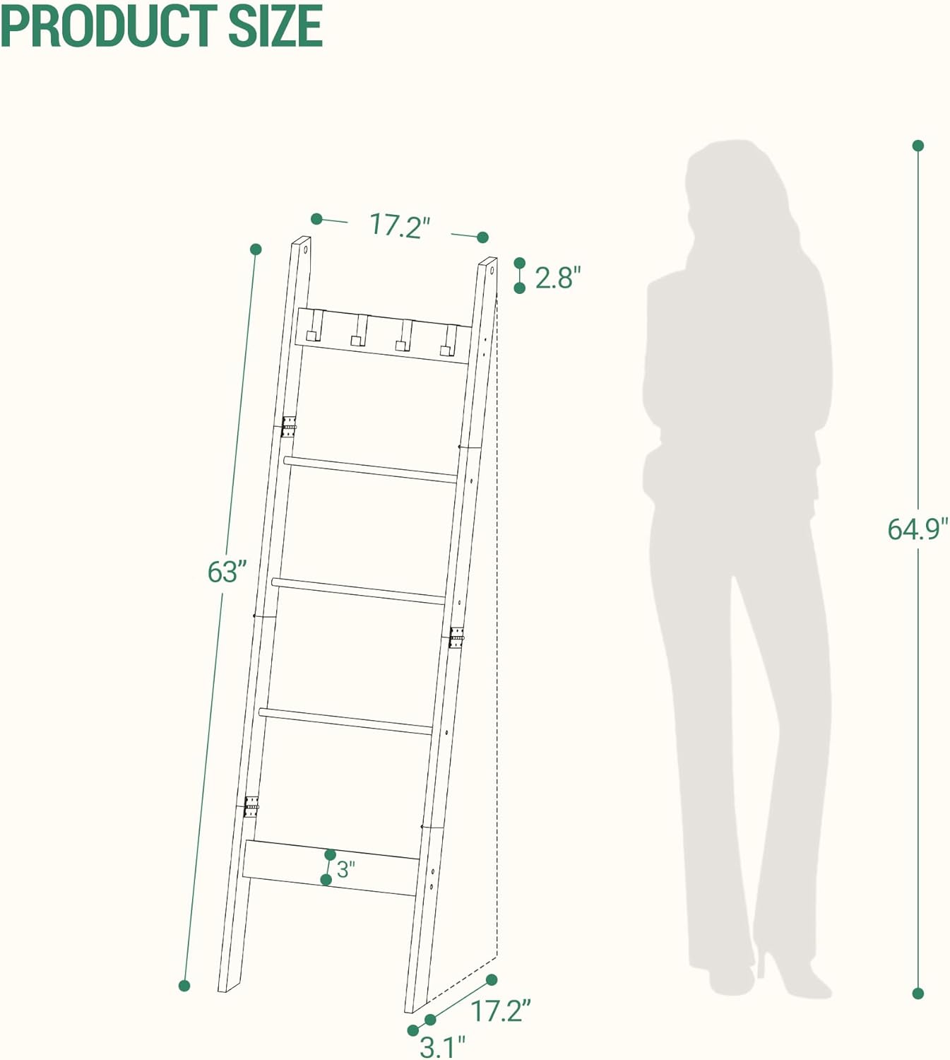 Blanket Ladder for Living Room, Decorative Quilt Rack with 4 Removable Hooks, 5-Tier Farmhouse Ladder Holder Shelf Organizer for Bedroom, Black Tea Brown and Black BR02120B