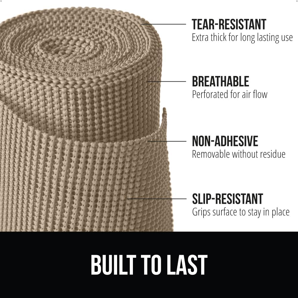 GORILLA GRIP powerGRIP Drawer Shelf and Cabinet Liner, Thick Strong Hold, Non-Adhesive Liners Protect Kitchen Cabinets and Cupboard, Bathroom Drawers, Easy Install, Breathable Mat, 17.5" x10', Beige