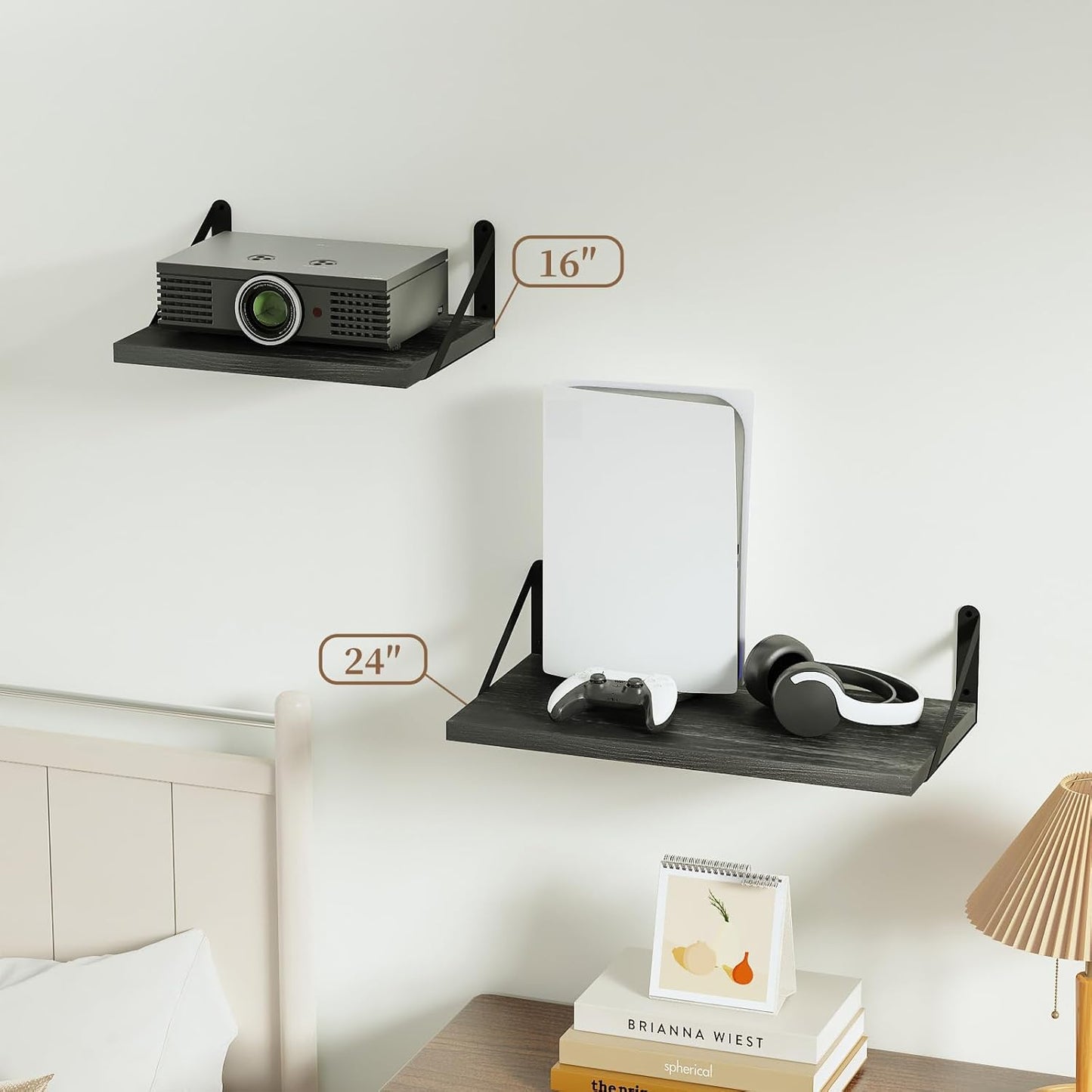 SAUMONIERES Floating Shelves Wall Bookshelf for Bedroom Bathroom Living Room Wood Wall Mounted Wide Deep Storage, Black Painted Wall Shelves Set of 2