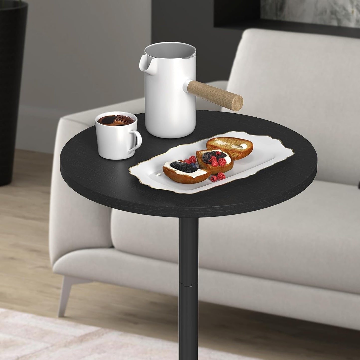 Small Round Side Table, Drink Tables for Narrow Spaces, Pedestal End Table Stand for Living Room, Modern Black Small Nightstand for Bedside, Round Table for Bedroom Sofa-Side