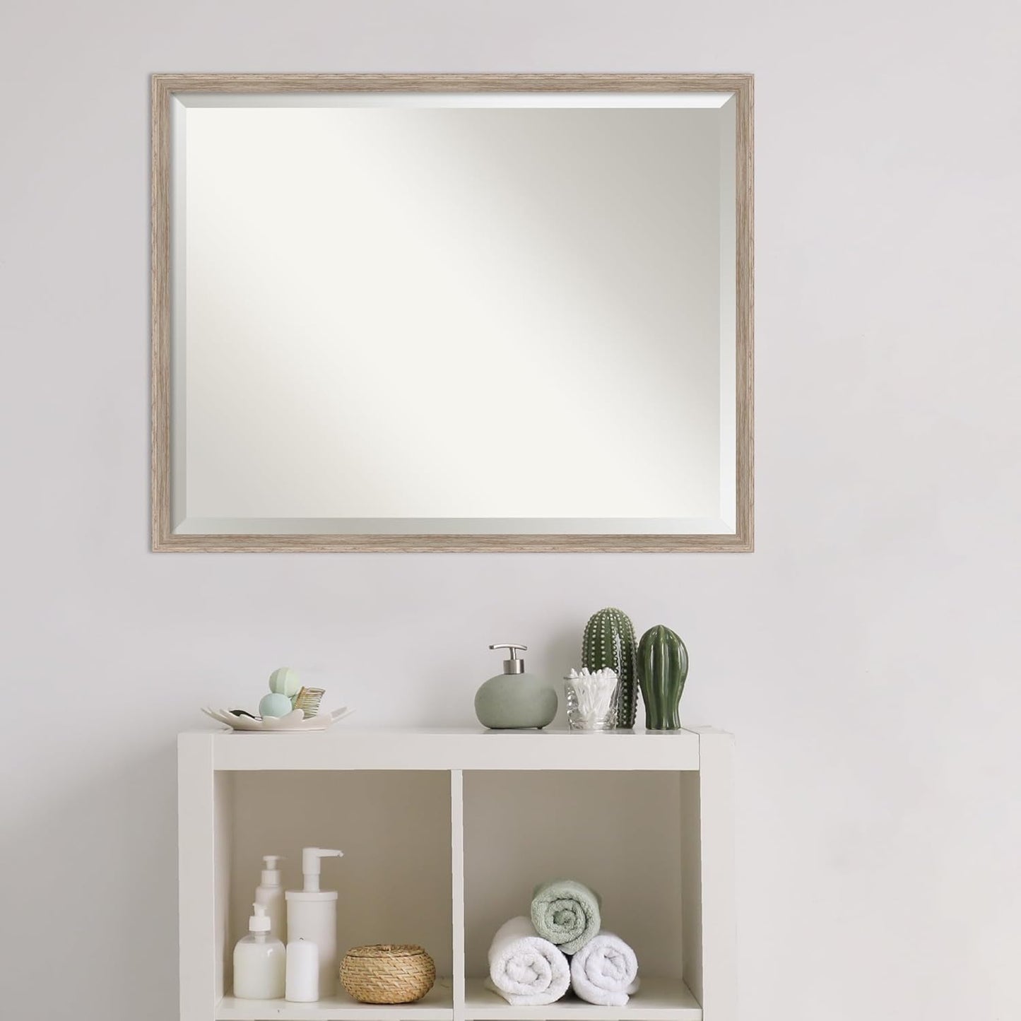 Amanti Art White Bathroom Mirror for Over Sink, 23x29 Hardwood Wedge White Wash Rectangle Vanity Mirror, Large Rustic Farmhouse Wood Frame, Hangs Horizonally and Vertically, Bathroom Wall Decor