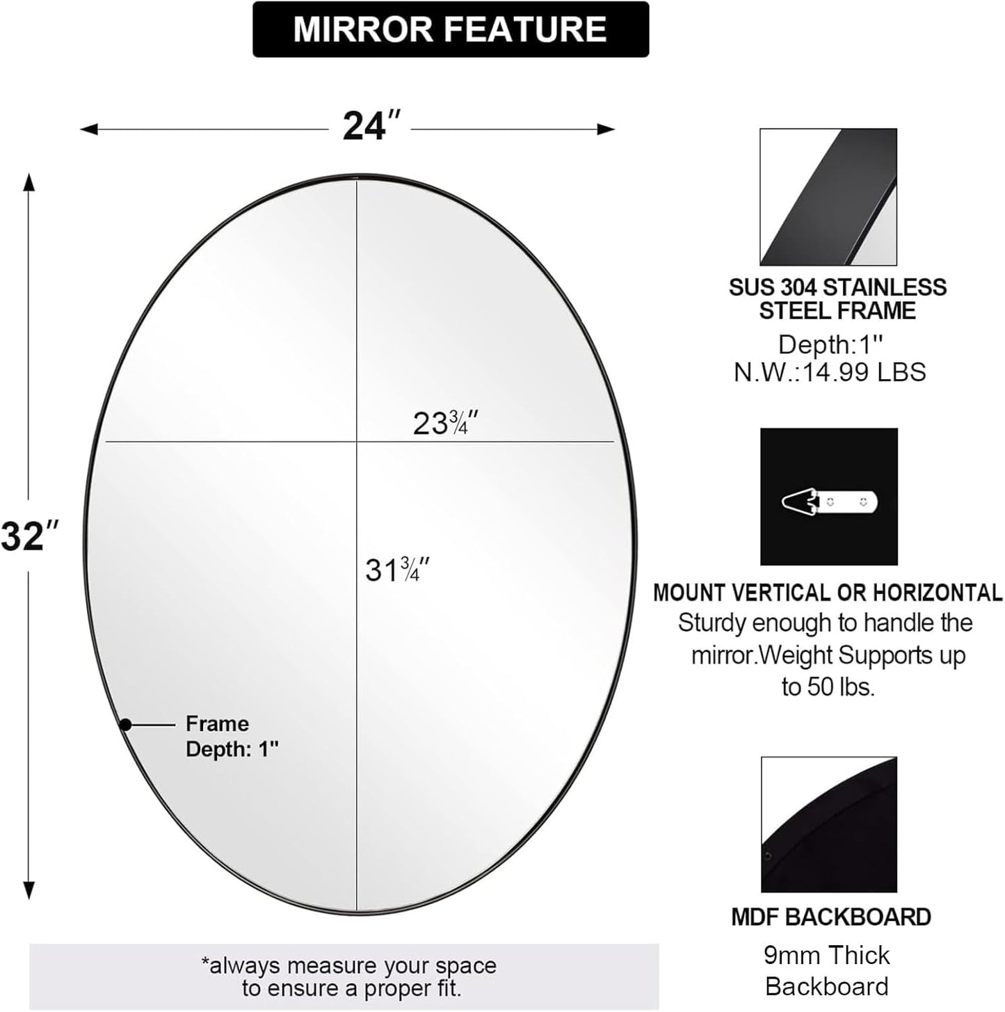 ANDY STAR Black Oval Mirror, 24x32'' Matte Black Metal Framed Oval Wall Mirror, Modern Black Vanity Mirror in Stainless Steel Frame, Wall Mount Horizontal or Vertical