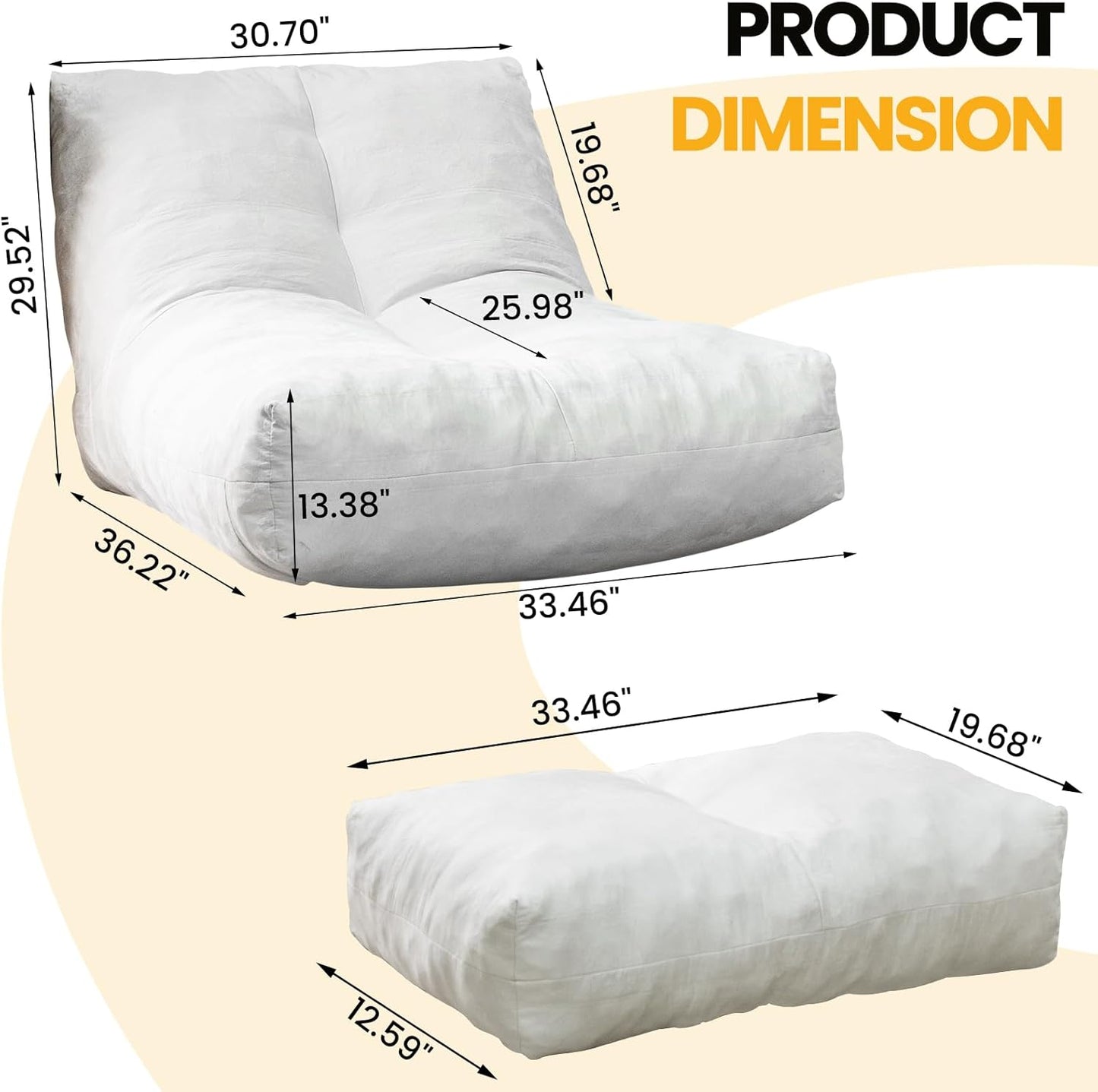 Bean Bag Chair with Ottoman, Comfy Bean Bag Sofa with Memory Foam, Lazy BeanBag Sofa with Footstool, Fireside Bean Bag Couch for Living Room, Bedroom, Apartment