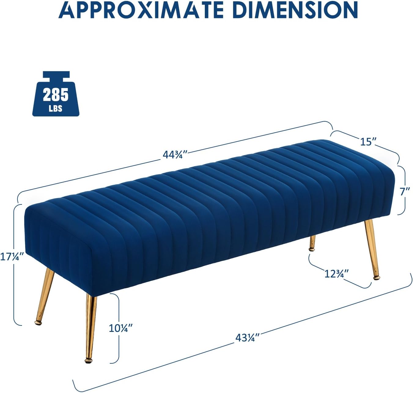 Furniliving Bedroom Bench Velvet Ottoman Bench with Skin-Friendly Velvet, 44.8’’ Upholstered End of Bed Bench, Soft Indoor Benches with Golden Finished Tapered Legs for Living Room, Entryway, Blue