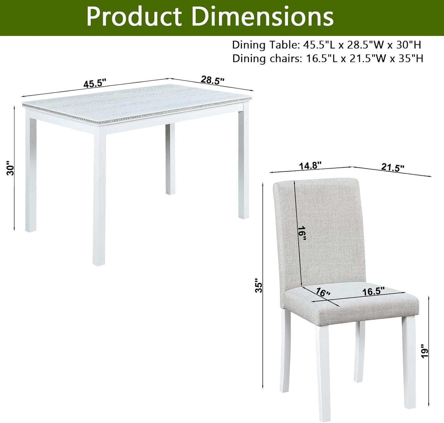 Ball & Cast 5 Piece Dining Table Set,Kitchen Table Set for 4 W/ 45.5" Rectangular Wooden Dining Table,Living Room Furniture W/ 4 Upholstered Chairs,for Dining Room,Kitchen,White