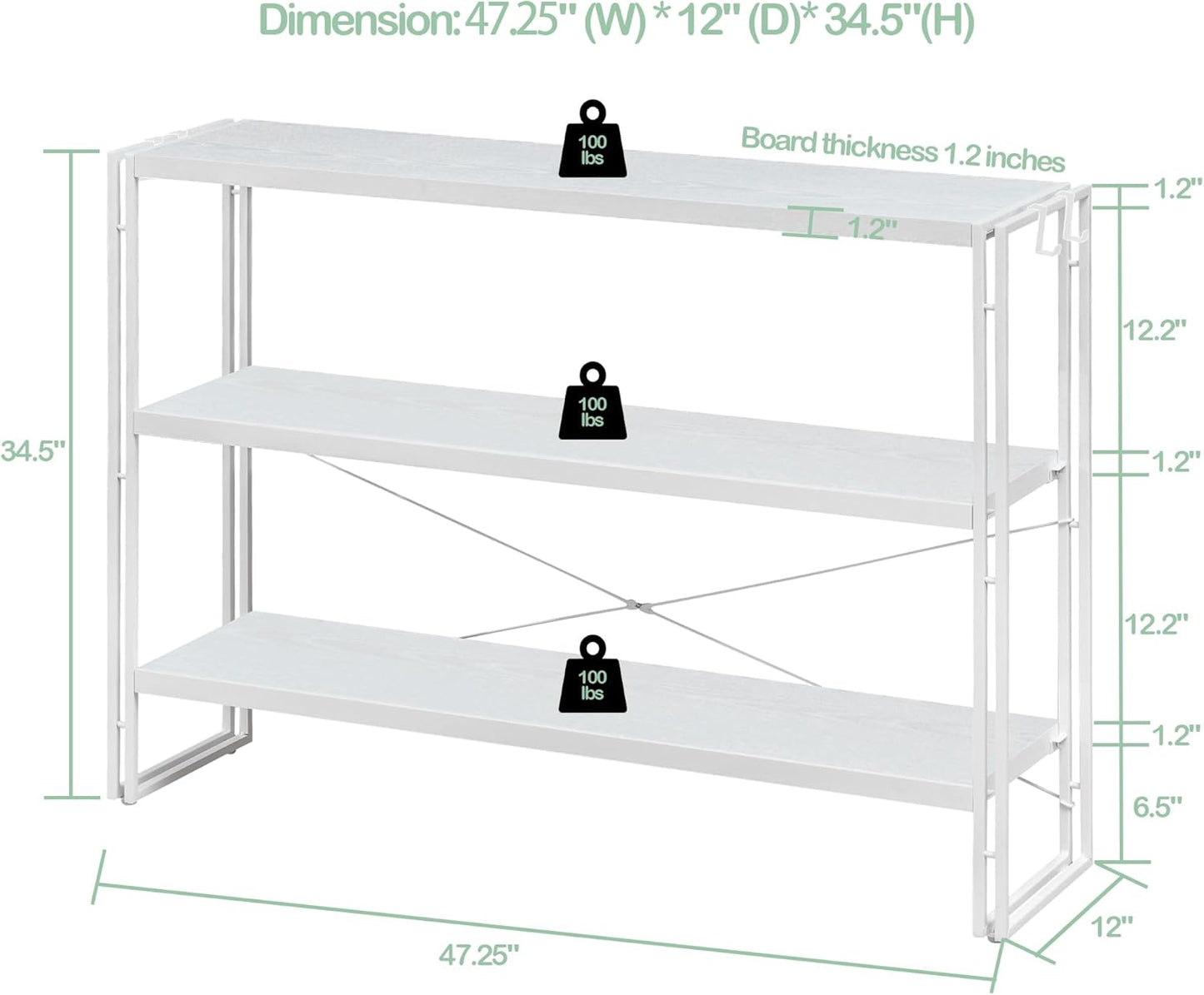 HCHQHS Bookshelf, 3-Tier Industrial Bookcase, White Open Book Shelf, Freestanding Horizontal Bookshelves with Metal Frame