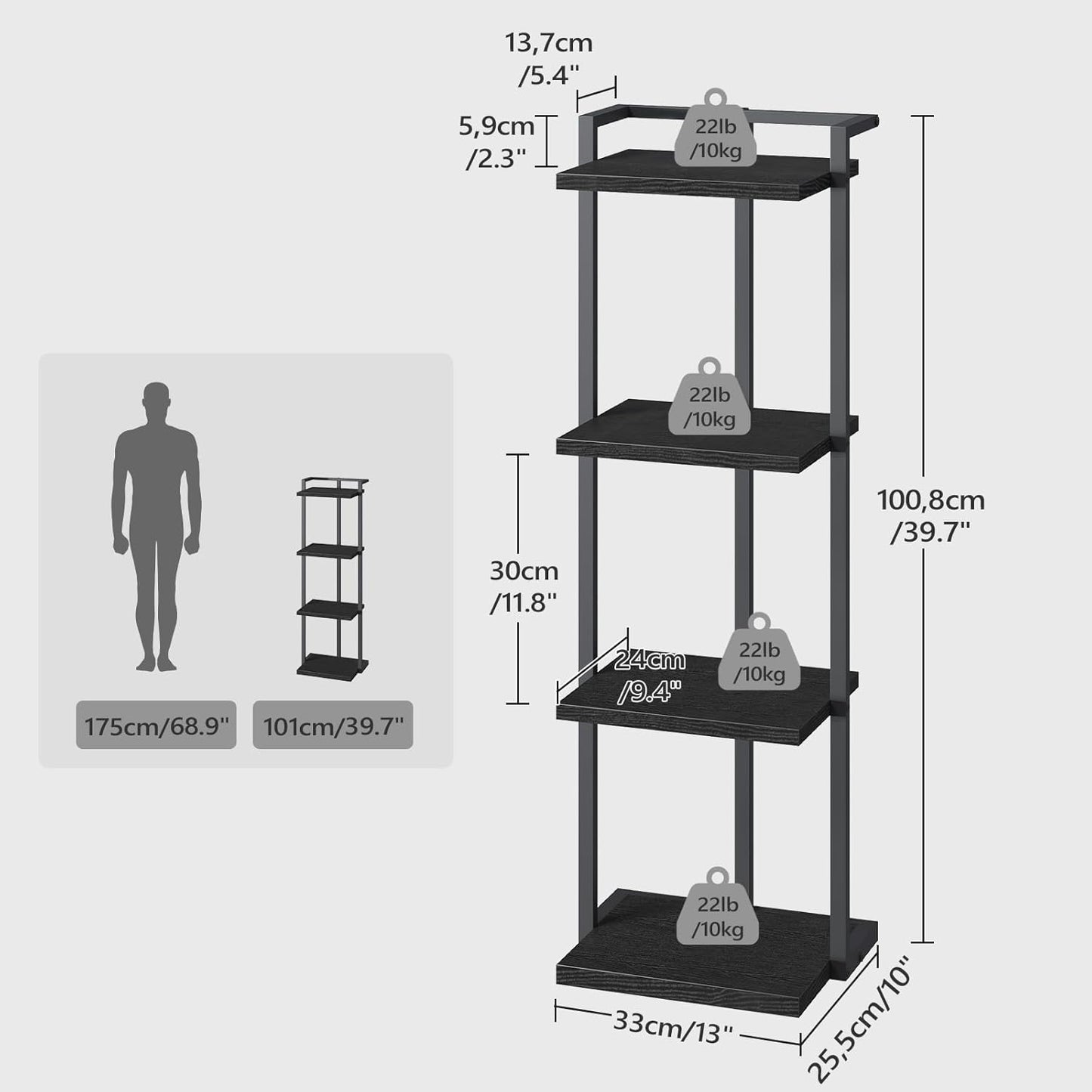 Bookshelf, 4-Tier Bookcase, Vertical Tall Narrow Book Shelf for Small Space, Open Storage Display Shelf with Stable Base & Anti-Tip Kits, for Living Room, Office, Study, Black BKBK11401