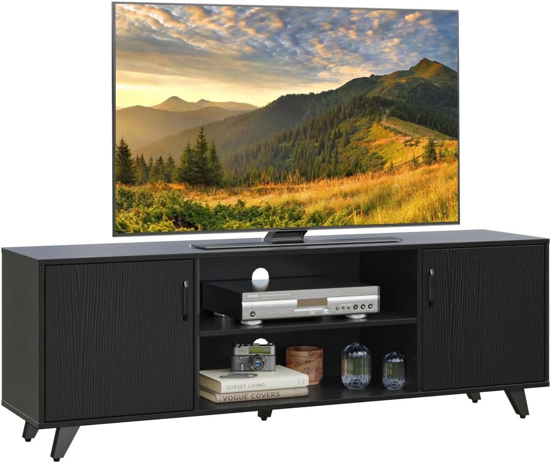 Panana Mid Century TV Stand Entertainment Center with 2 Doors, Wooden Medial Console Table for Living Room Furniture, 53.5" x 15" x 21.7" (Black)