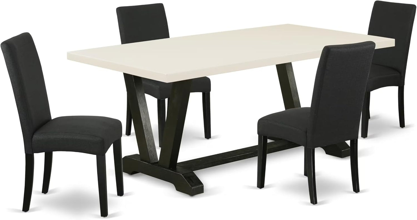 East West Furniture V627DR124-5 5 Piece Dining Room Table Set Includes a Rectangle Kitchen Table with V-Legs and 4 Black Color Linen Fabric Parson Dining Chairs, 40x72 Inch, Multi-Color