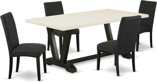 East West Furniture V627DR124-5 5 Piece Dining Room Table Set Includes a Rectangle Kitchen Table with V-Legs and 4 Black Color Linen Fabric Parson Dining Chairs, 40x72 Inch, Multi-Color