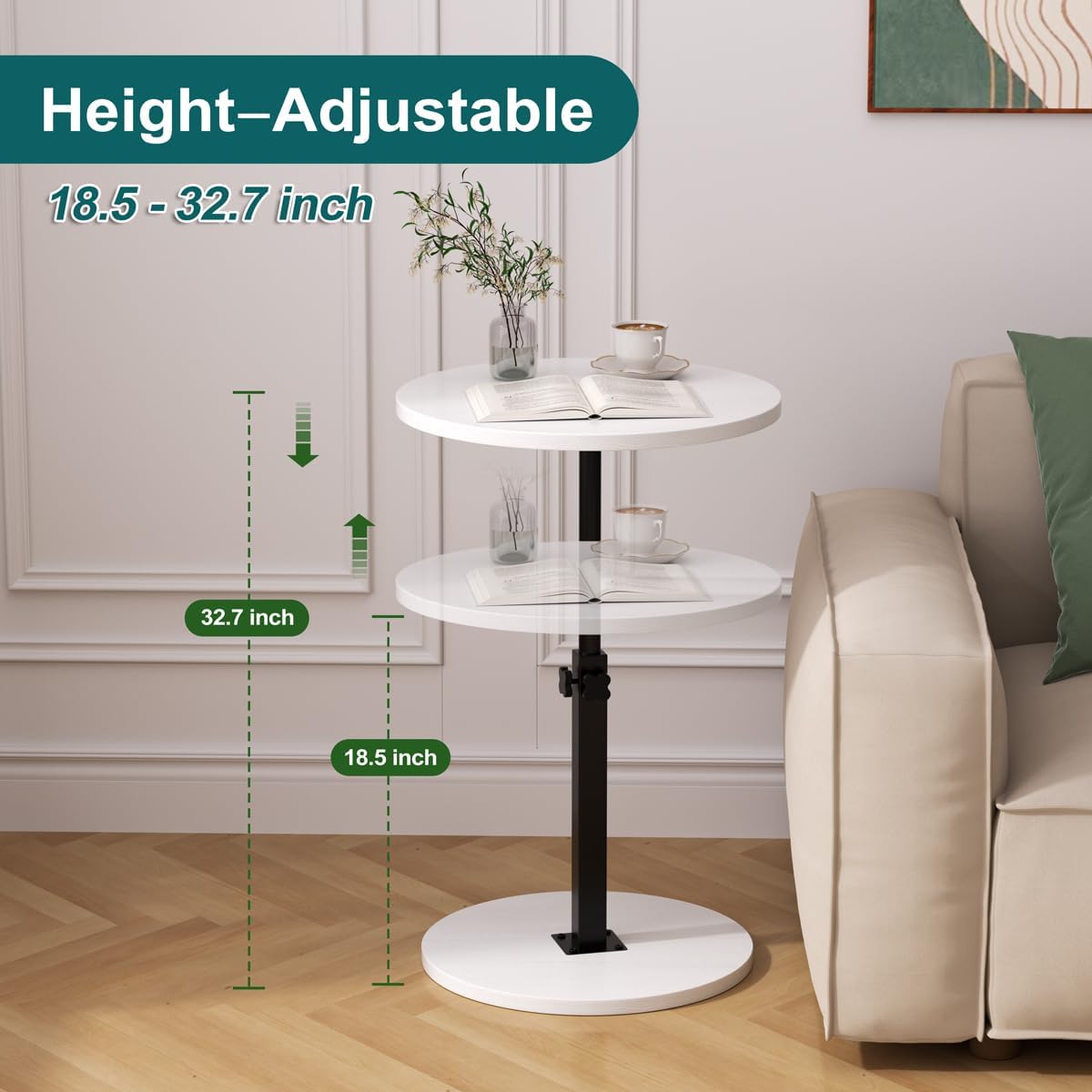 Adjustable Side Table, Round End Table, Small Bedside Table, Mid Century Modern Nightstand for Living Room, Bedroom, Corners and Office (White)