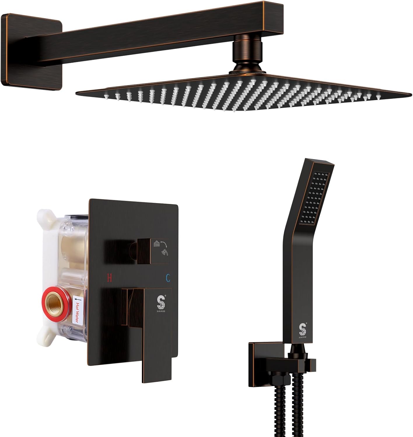 SR SUN RISE ORB Square Rainfall Shower Head and Handle Set, Wall Mounted Shower Fixtures, Metal Shower Faucet Trim Repair Kits (With Shower Valve) 10 Inches