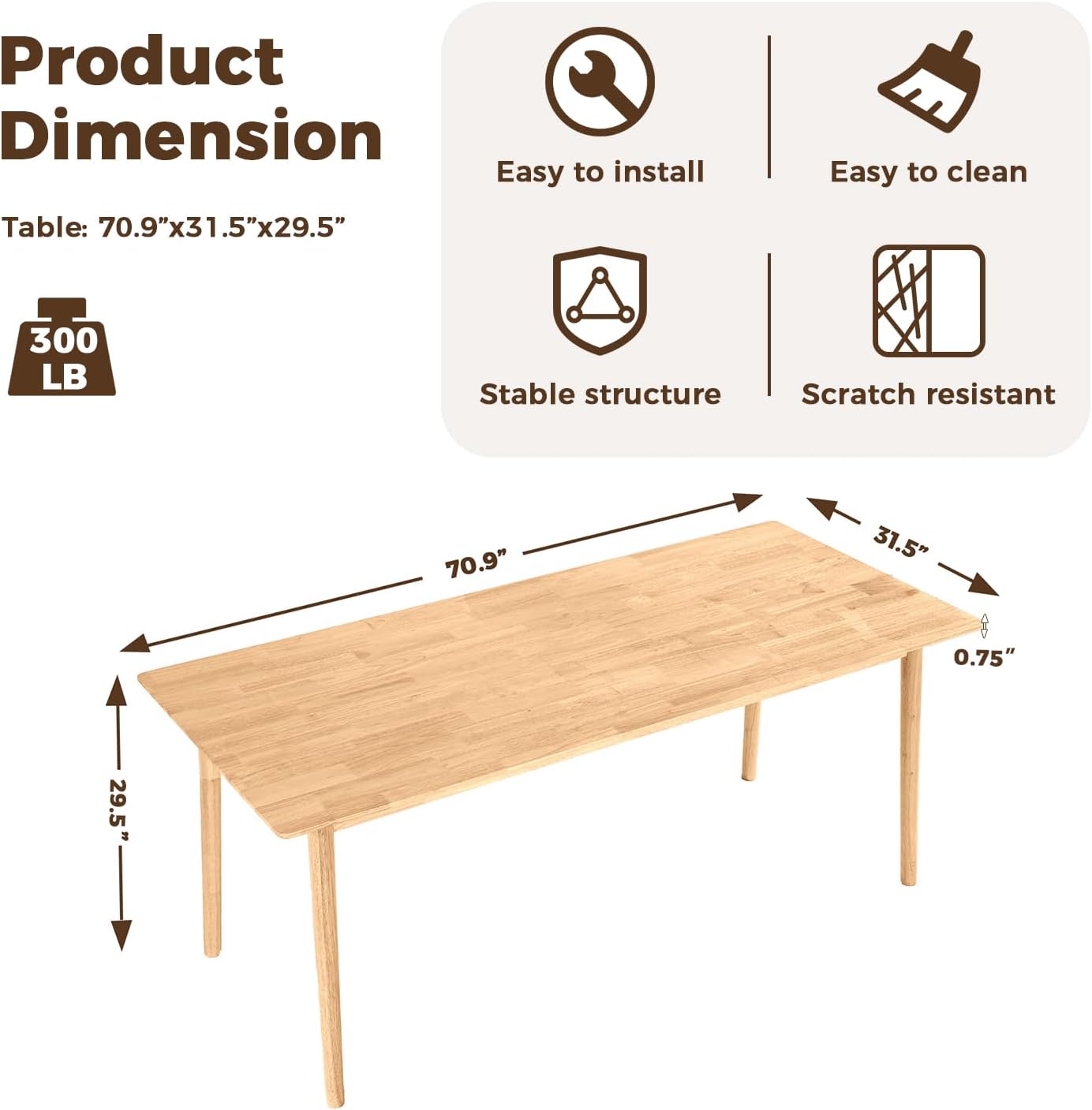 DELAVIN 70.8" Large Solid Wood Dining Table for 6-8 People, Mid Century Modern Rectangular Oak Kitchen Table, Farmhouse Dining Room Table, Easy Assembly, Natural