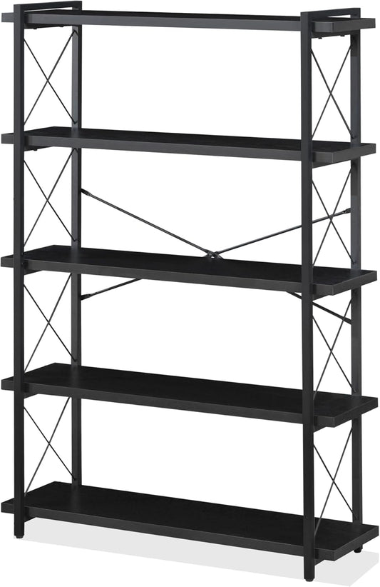 HCHQHS Bookshelf, 5-Tier Industrial Bookcase, Black Open Book Shelf, Freestanding Tall Bookshelves with Metal Frame