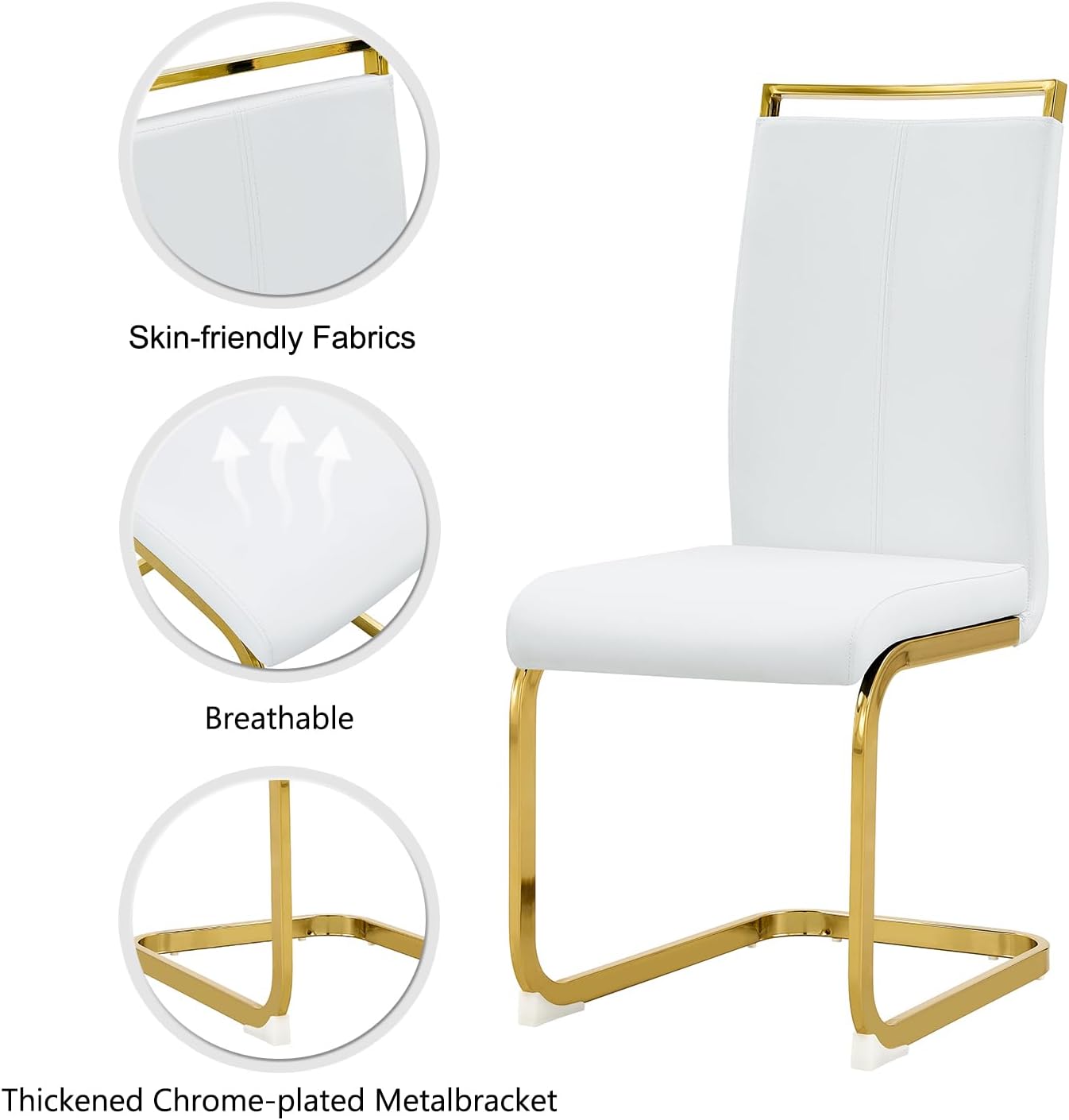 Modern Dining Chairs Set of 6,High Back White Kitchen Chairs,Faux Leather Side Chair with Gold Plated Metal Legs,Easy to Clean Upholstered Dining Chairs,Ideal for Living Room(Gold Leg)