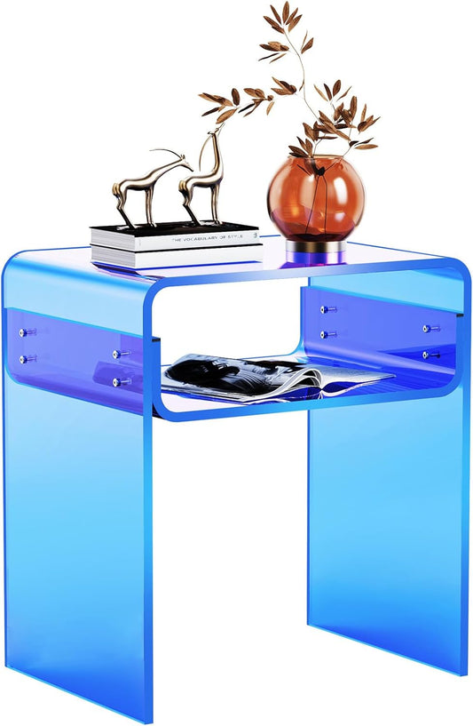 Clear Acrylic End Table 2-Tier Bedside nightstand for Living Room Bedroom Home Decor (Blue)
