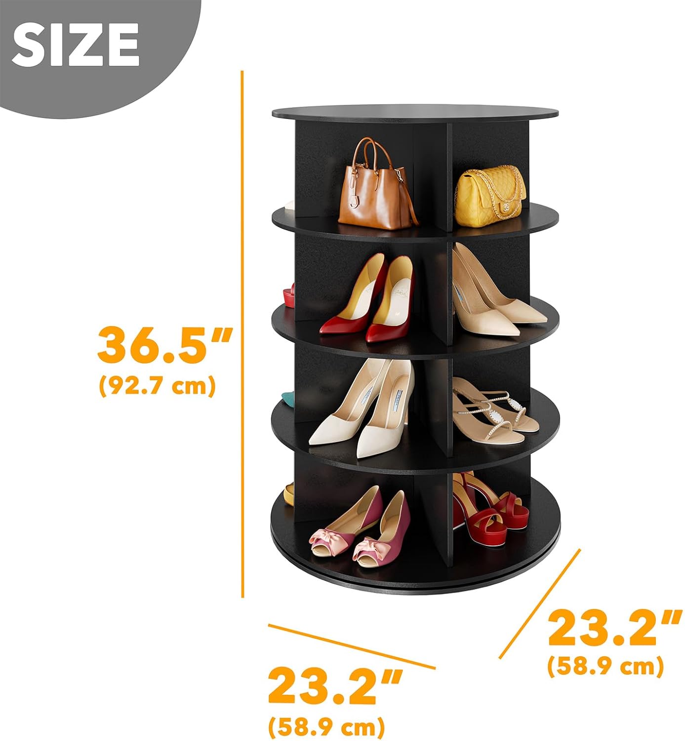 SpaceAid 4 Tier Rotating Shoe Rack Tower, Spinning Shoe Display Lazy Susan, Revolving 360 Shoe Rack Storage Round Carousel, Vertical Handbag Rotate Shoes Closet Organization (4-Tier Black)