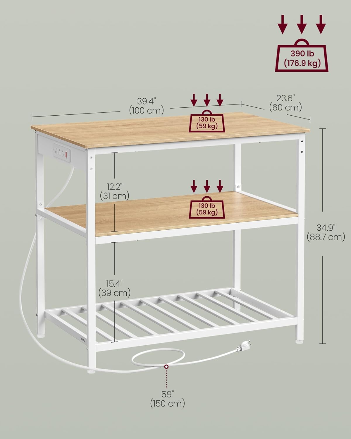 VASAGLE Kitchen Island with 3 Shelves, 39.4 Inches Width Kitchen Shelf with Power Strip, Large Worktop, Stable Steel Structure, Industrial, Easy to Assemble, Golden Oak and White UKKI105Y01