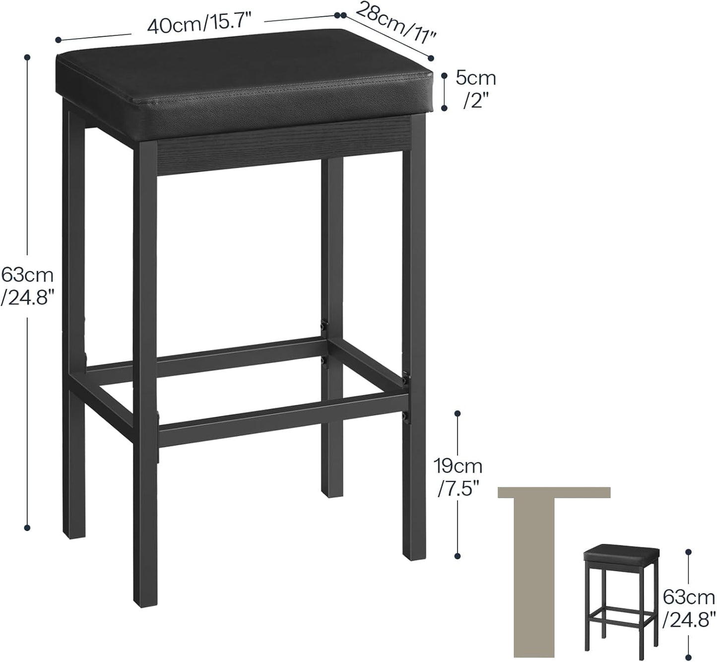 HOOBRO Bar Stools, Set of 3 Modern Black Rectangular Bar Chairs, 24.8-Inch Height, 2" Thick Upholstered Seat with High-Density Sponge, for Kitchen, Dining Room, Cafe, Bar Counter