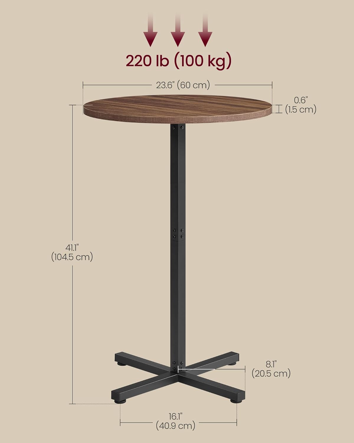 VASAGLE Round Cocktail Table, High Top Bar Pub Table with Metal Frame and Cross Base, for 2-3 People, Modern, Easy to Assemble, 23.6 x 41.1 Inches, Natural Walnut ULBT361K01V1