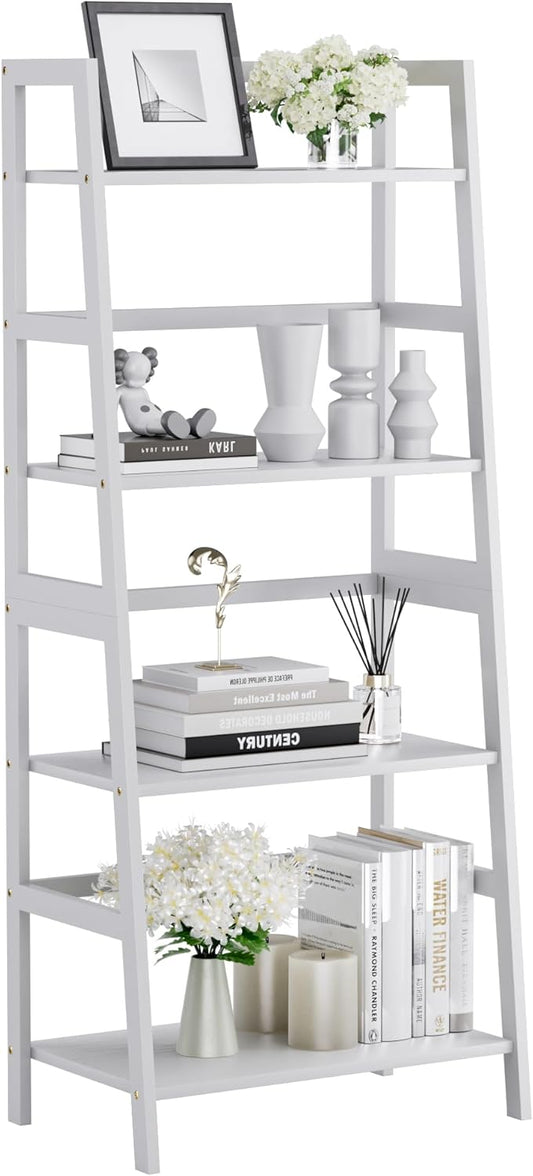HITNET Ladder Shelf, 4 Tier Bookshelf, Floor Standing Bathroom Storage Rack with Bamboo Frame, Home Office Open Display Bookcase, White