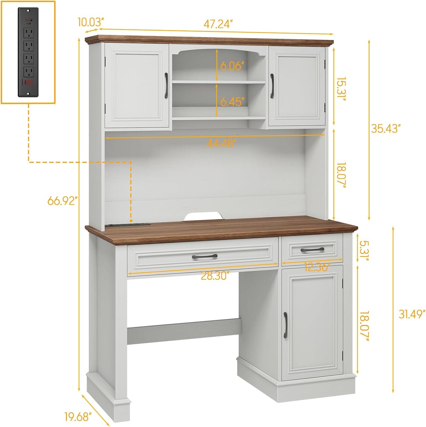 Farmhouse 47" Executive Desk with Hutch, 2 Drawers and LED Light, Computer Desk with Storage Cabinet and Charging Station,Workstation for Home Office and Study.Unique White