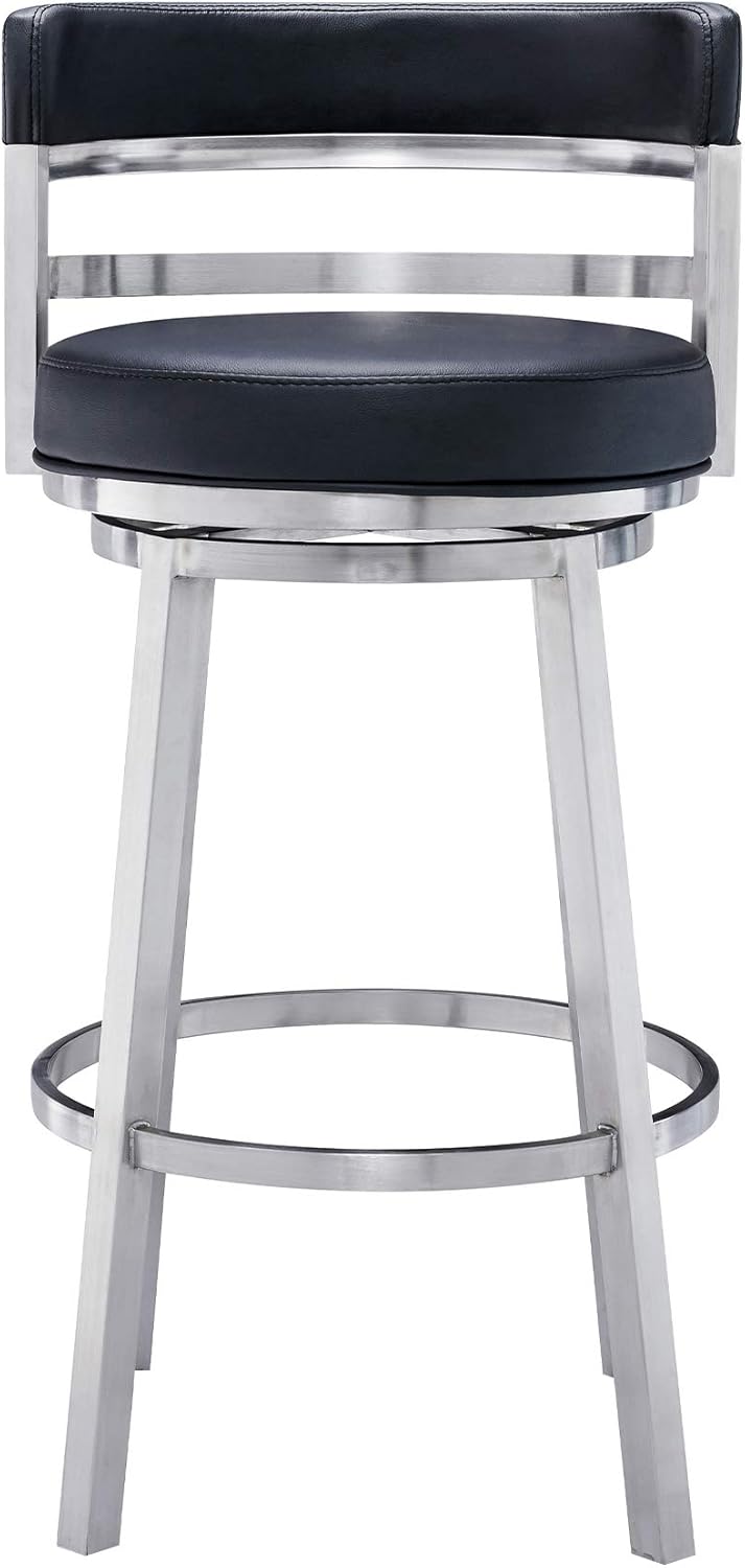 Armen Living Titana 30" Bar Height Swivel Black Faux Leather and Brushed Stainless Steel Bar Stool