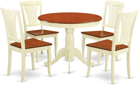 East West Furniture ANAV5-WHI-W 5 Piece Dining Room Furniture Set Includes a Round Kitchen Table with Pedestal and 4 Dining Chairs, 36x36 Inch, Buttermilk & Cherry