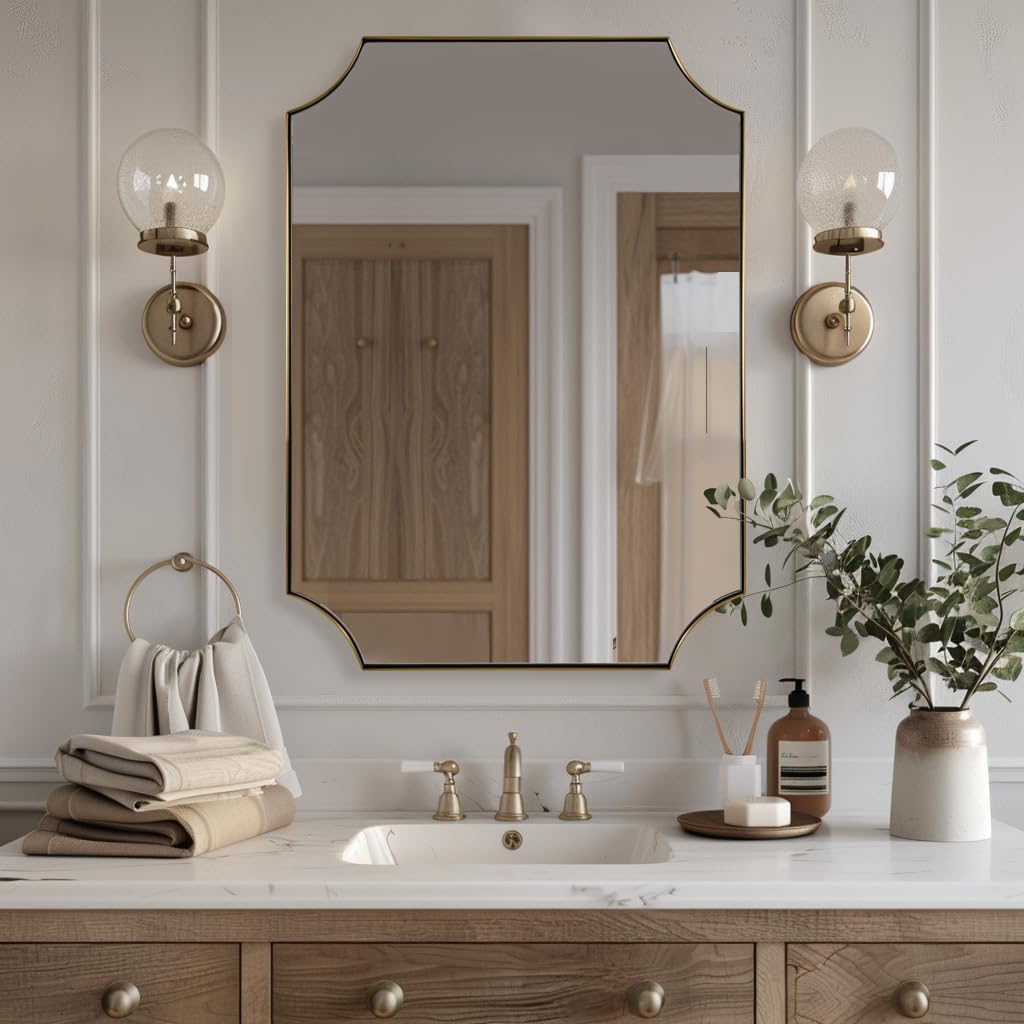 ANDY STAR Gold Vanity Mirror, 24x32 Inch Scalloped Mirror for Bathroom, Brushed Gold Mirror in Anti-Rust Stainless Steel Metal 1" Frame, Antique Scalloped Edge Design, Ideal for Home Remodel