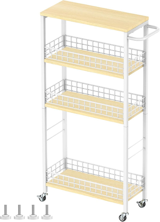 YBING Slim Storage Cart 4-Tier Rolling Kitchen Utility Cart White Narrow Laundry Storage Cart on Wheels and Wood Table Top Mobile Shelving Unit Organizer Trolley for Bathroom Small Space 7.3" W