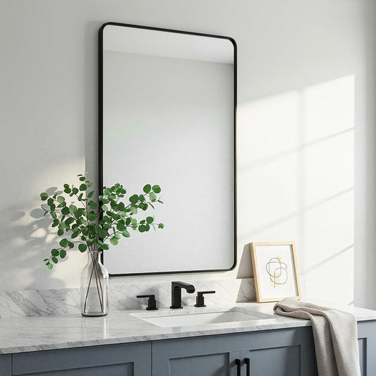 24"x40" Bathroom Wall Mirror with Matte Black Metal Frame & HD Glass, Copper-Free Mirrors Modern Rectangle Round Corner Framed Vanity Mirror - Horizontal or Vertical Installation