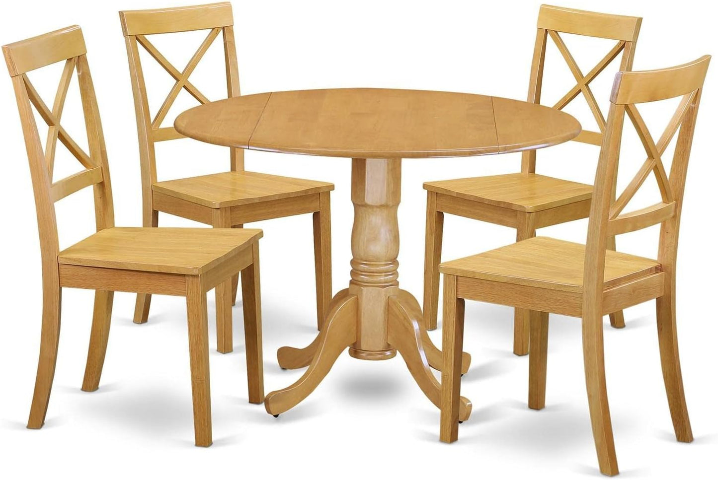 East West Furniture DLBO5-OAK-W 5 Piece Dining Set Includes a Round Dining Room Table with Dropleaf and 4 Kitchen Chairs, 42x42 Inch, Oak