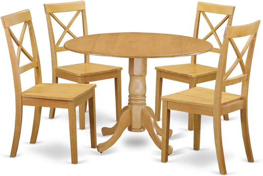 East West Furniture DLBO5-OAK-W 5 Piece Dining Set Includes a Round Dining Room Table with Dropleaf and 4 Kitchen Chairs, 42x42 Inch, Oak