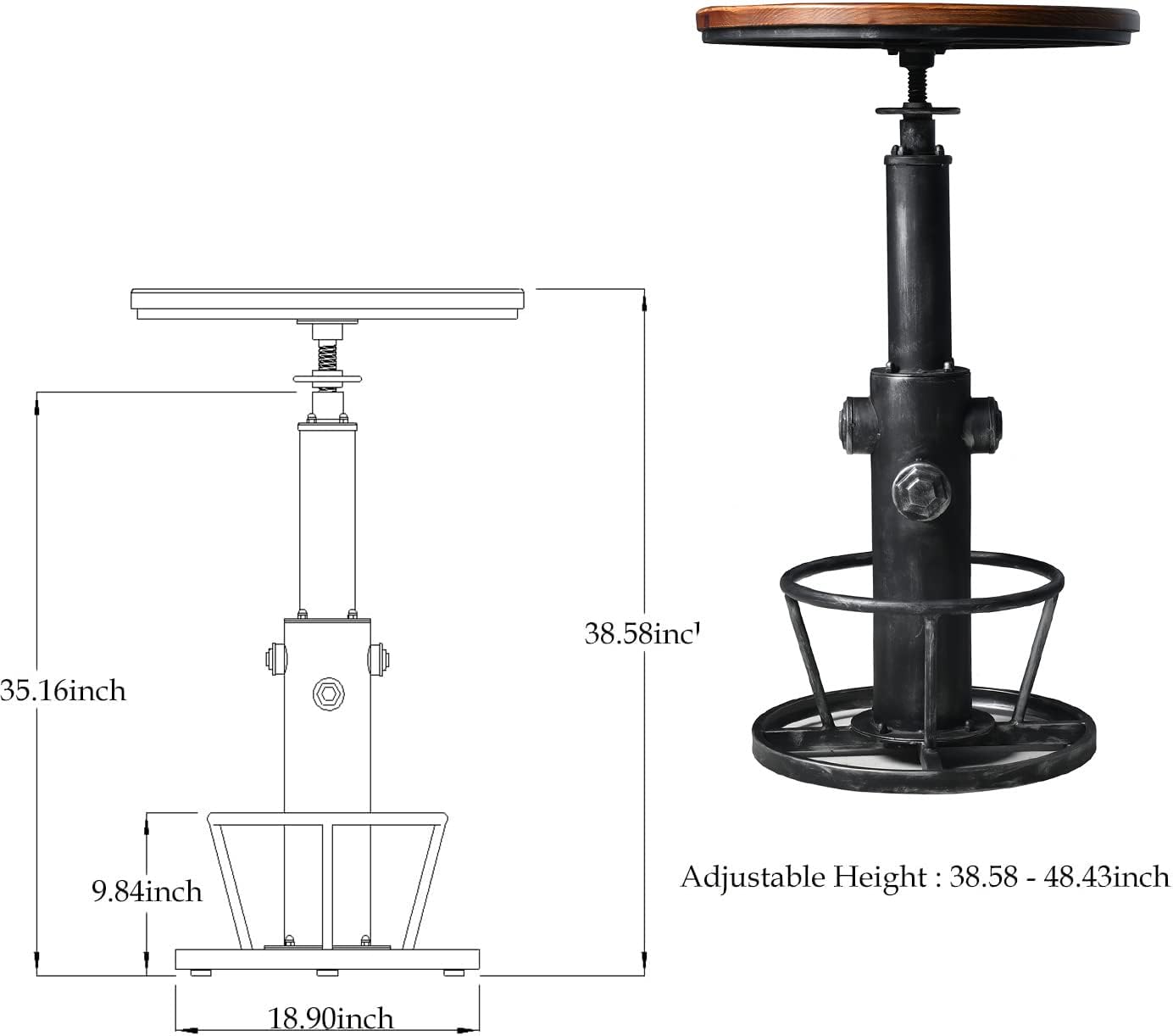 Topower Industrial Bar Table 38.58-48.43" Adjustable Pub Table Kitchen Dining Coffee Bistro Table Silver