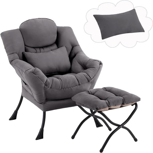 Lazy Chair with Ottoman, Comfy Fabric Accent Lounge Arm Chair with Lumbar Pillow and Folding Footrest, Reading Leisure Sofa Armchair for Bedroom, Living Room, Dorm,Dark Grey