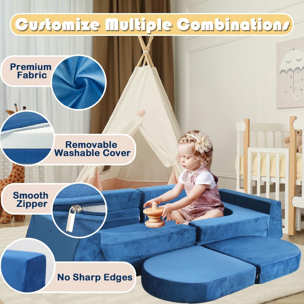 Modular Kids Play Couch Convertible Building Fort Sofa and Cushion 10Pcs Child DIY Floor Sofa for Sleeping Playroom Bedroom for Boys and Girls (Blue)