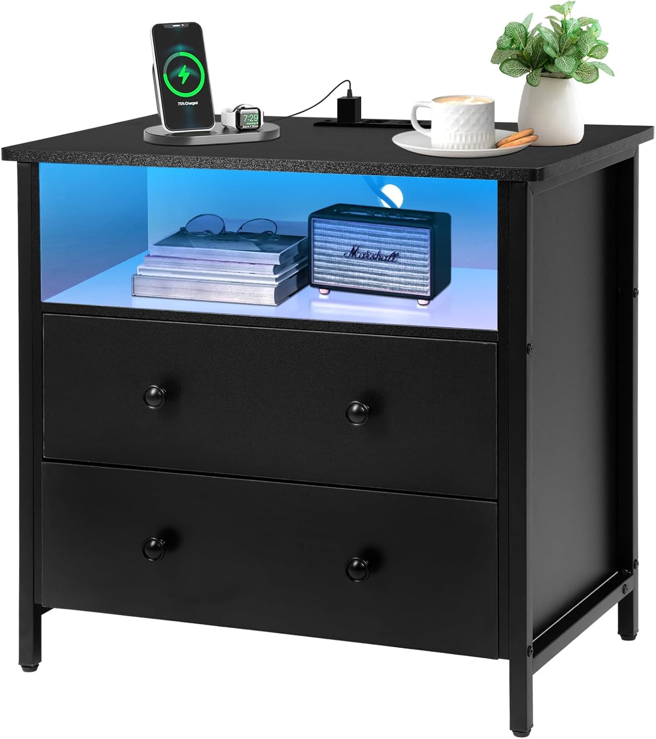 27 Inch Wide Night Stand, Large Wood Night Stand with 2 Drawer, LED Nightstand with Charging Station and Adjustable Drawer, Bedside Table for Living Room/Bedroom/Study/Office, Black.