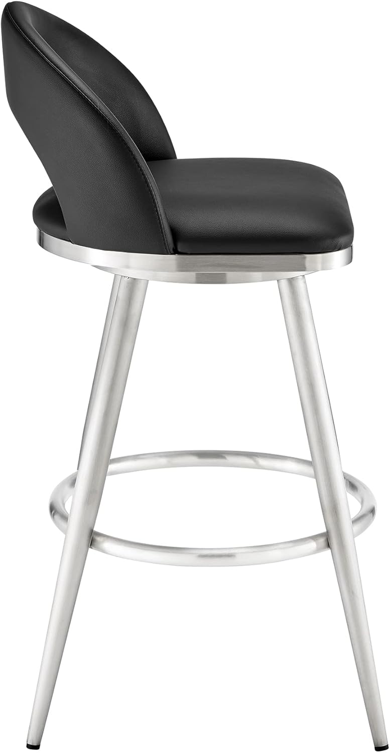 Armen Living Charlotte Swivel Bar Stool in Brushed Stainless Steel with Black Faux Leather