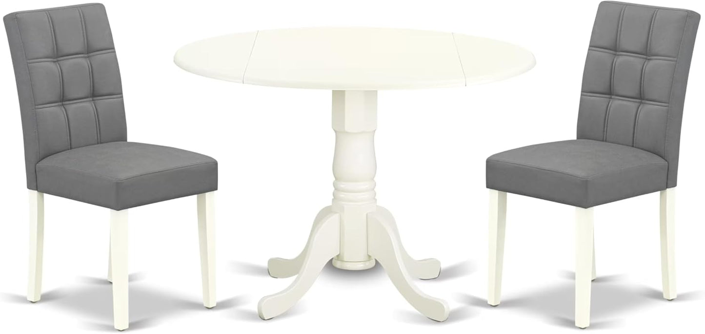 East West Furniture DLAS3-WHI-41 3 Piece Dining Table Set consists A Wooden Table and 2 Platinum Gray Polyester Fabric Kitchen Chairs with Stylish Back- Linen White Finish