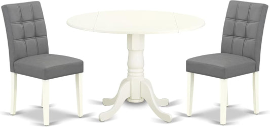 East West Furniture DLAS3-WHI-41 3 Piece Dining Table Set consists A Wooden Table and 2 Platinum Gray Polyester Fabric Kitchen Chairs with Stylish Back- Linen White Finish