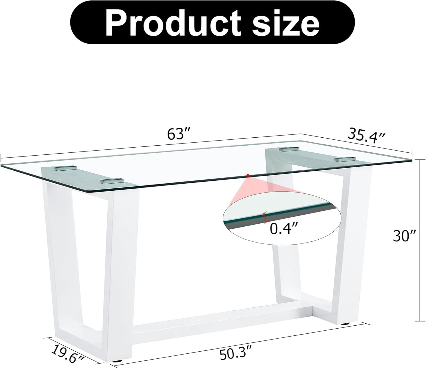 63" Modern Glass Dining Table with Rectangular Tempered Tabletop,Dinner Desk Set for 6-8 People W/Trapezoid Bracket,for Home,Kitchen,Dining Room,Office,White+Clear Finish