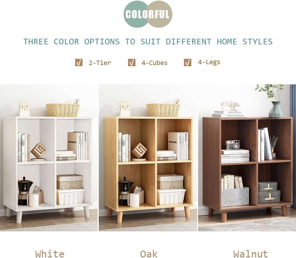 IOTXY Open Cube Low Bookcase - 2-Tier Freestanding Storage Display Cabinet Organizer with Legs for Home Office, 4-Cubes Open Shelf Short Bookshelf, White