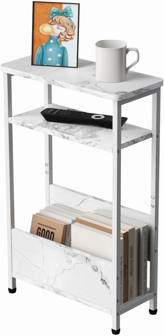 7.1" Narrow Side Table for Small Spaces, 3 Tier Small End Table with Magazine Holder, Slim/Skinny Nightstand/Bedside Table, 15.4" L x 24.2" H, Faux White Marble with White Legs