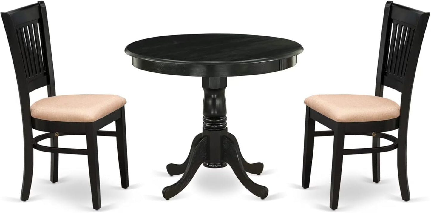 East West Furniture ANVA3-BLK-C 3 Piece Modern Dining Table Set Contains a Round Kitchen Table with Pedestal and 2 Linen Fabric Dining Room Chairs, 36x36 Inch, Black