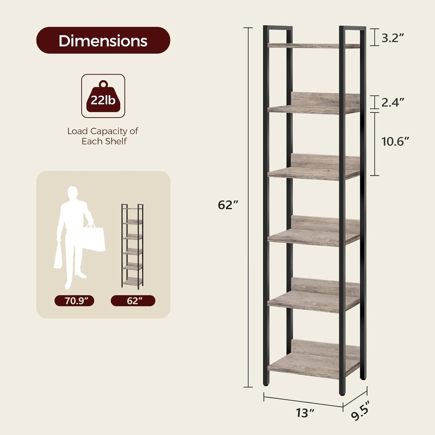 Bookshelf, 6-Tier Bookcase, Standing Book Shelf for Small Space, Storage Shelf Organizer, for Living Room, Bedroom, Study, Balcony, Greige and Black BKHG6601